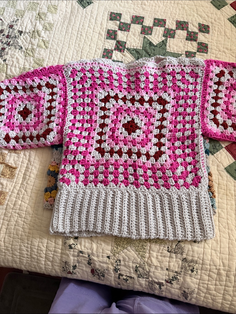 Handmade Crochet Crewneck Sweater in Pink, White & Burgundy